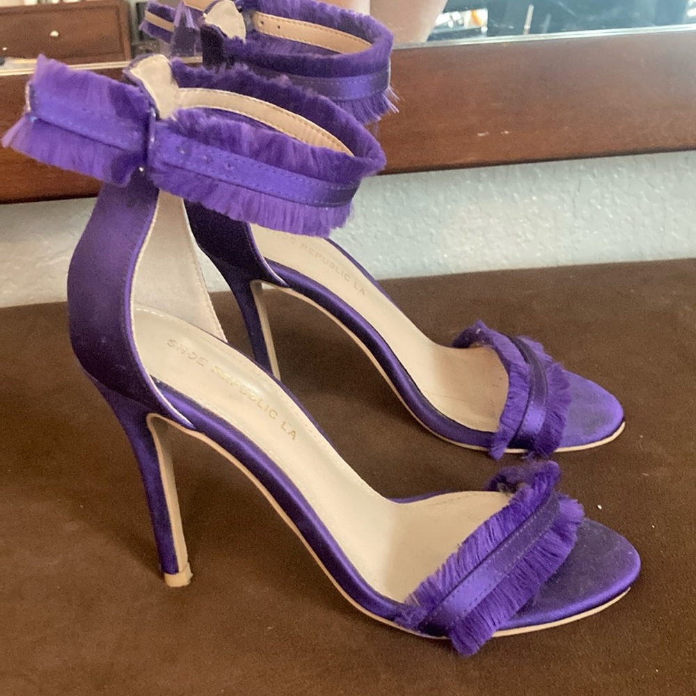 Shoe Republic LA Purple Stiletto Heels with Ruffled Elegance
